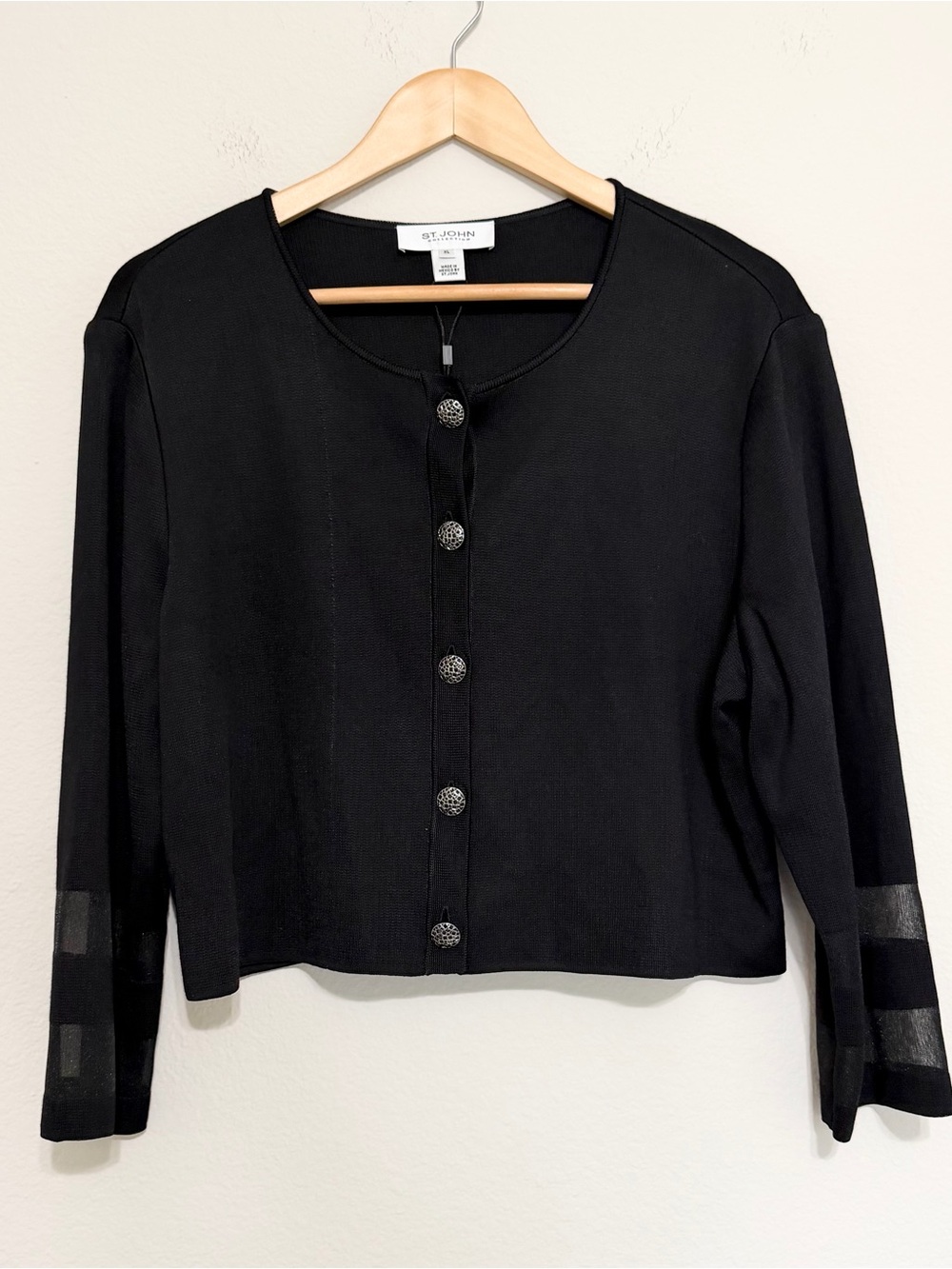 NWT ST JOHN  cropped black cardigan with sheer sleeve panels Sz XL